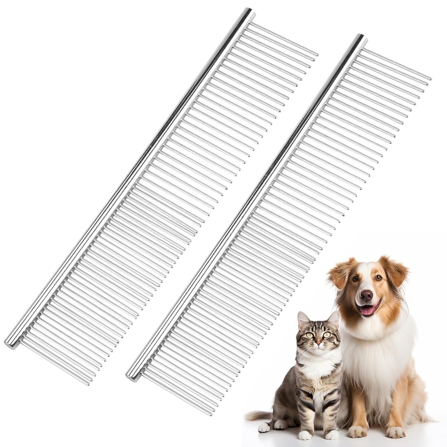 PETTOM Pet Steel Grooming Tool Poodle Finishing Butter Comb 7 1/2-inch L Silver Dog Combs with Rounded Ends Stainless Steel Teeth, Cat Comb for Removing Tangles and Knots