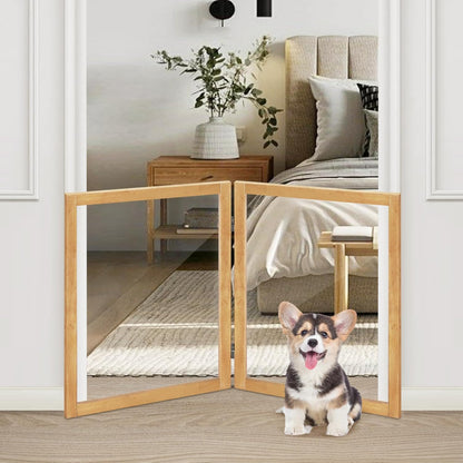 LZRS Clear Dog Gate for Indoor Use - Transparent Pet Fence with Solid Hardwood and Plastic Board, Stylish & Durable freestanding Pet Gate for Doorways, Stairs and Hallways-2 Panel Cherry