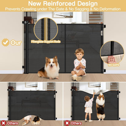 Reinforced 42" Tall Retractable Dog Gate, 155" Extra Long Retractable Baby Gate with Support Rods - Prevent Crawling Under, Indoor/Outdoor Retractable Gate Extra Tall Baby Gate Retractable Fence/Black