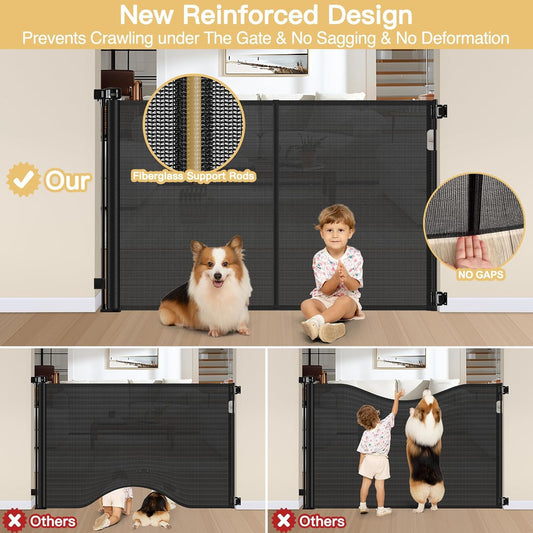 Reinforced 42" Tall Retractable Dog Gate, 155" Extra Long Retractable Baby Gate with Support Rods - Prevent Crawling Under, Indoor/Outdoor Retractable Gate Extra Tall Baby Gate Retractable Fence/Black