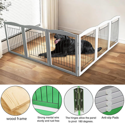ZJSF Freestanding Foldable Dog Gate for House Extra Wide Wooden White Indoor Puppy Gate Stairs Doorways Pet Gate Tall Dog Fence 3 Panels Fence