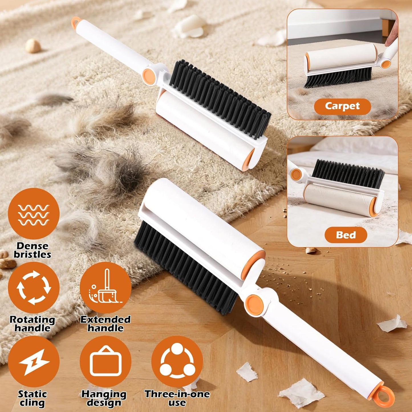 3-in-1 Pet Hair Remover Tool: Soft Dust Brush, Lint Roller for Clothes & Bench Brush with 180° Adjustable Handle, Pet Hair Removal for Dog/Cat Hair on Clothes, Bed, Sofa (2-pack lint roller, One Size)