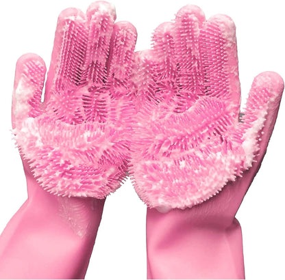 Silicone Dishwashing Gloves with Scrubber Bristles, Food-Grade Cleaning Mitts for Kitchen Dishes, Pet Grooming & Car Wash