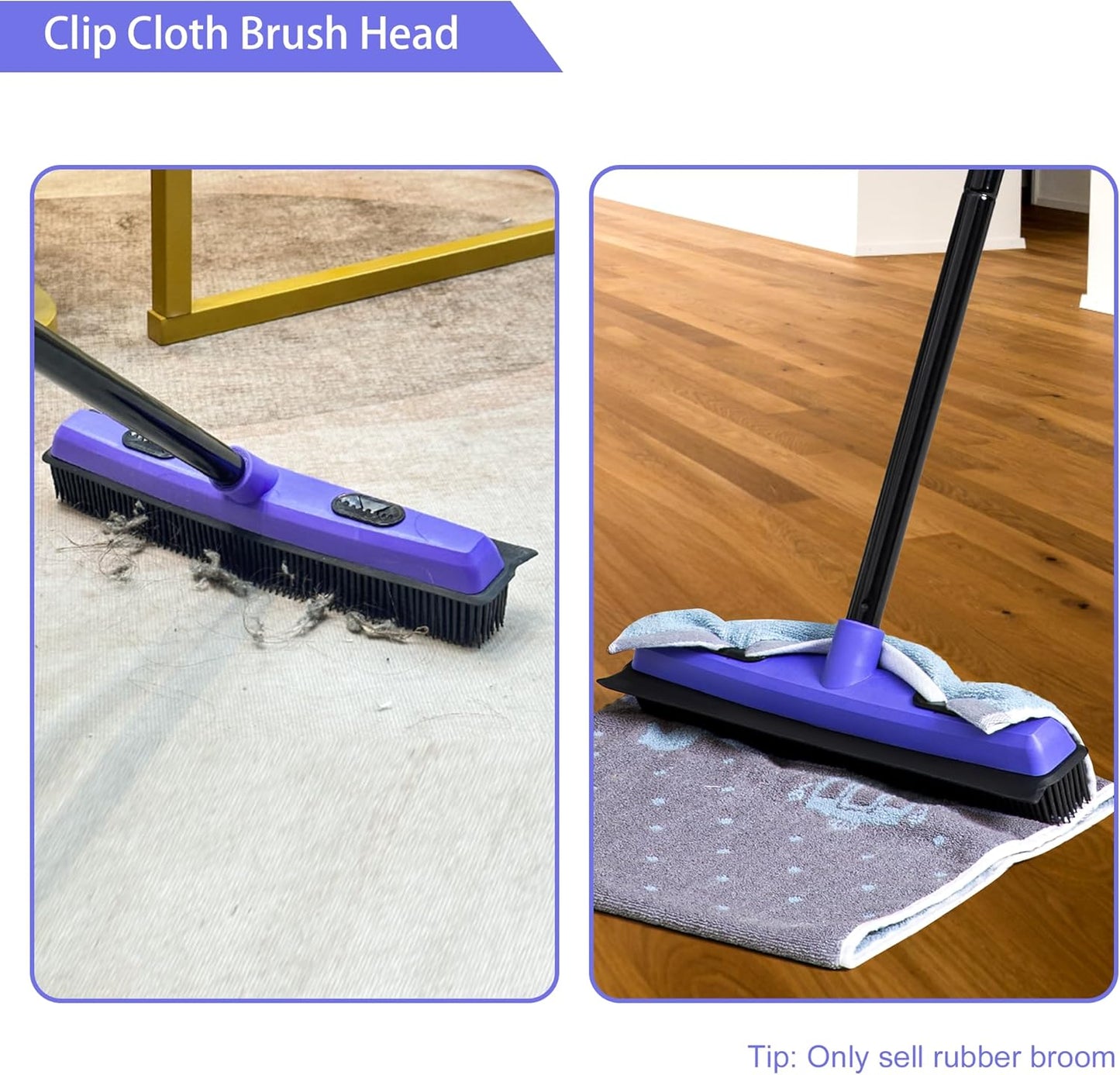 Carpet Brush for Pet Hair Remover, Rubber Broom for Pet Hair on Carpet with Telescoping 60.2 Inches Long Handle for Cleaning Fur Rug, Hardwood Floor, Tile, Window