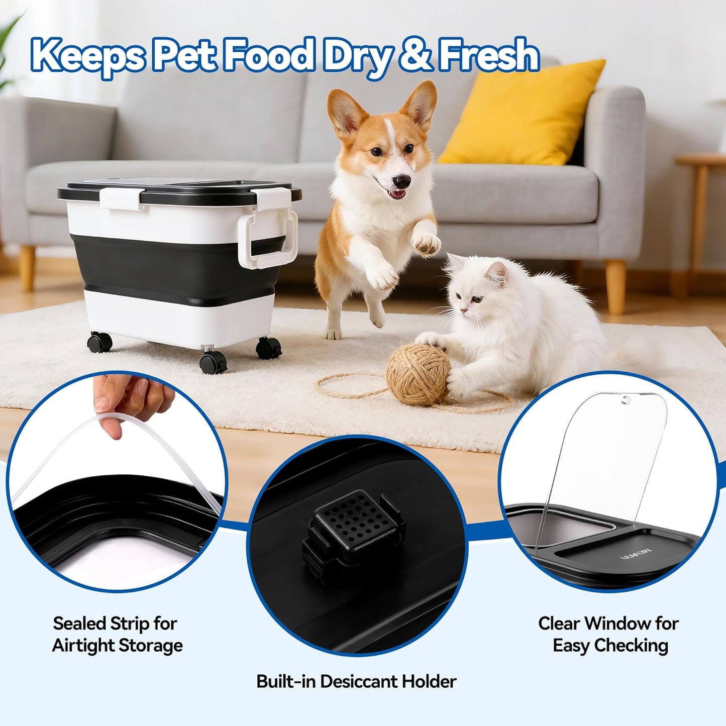 Dog Food Storage Container 30-40lbs, Airtight Pet Food Bin with Locking Lid & Clear Window, Collapsible Rolling Storage Container with Wheels & Scoop, Gray