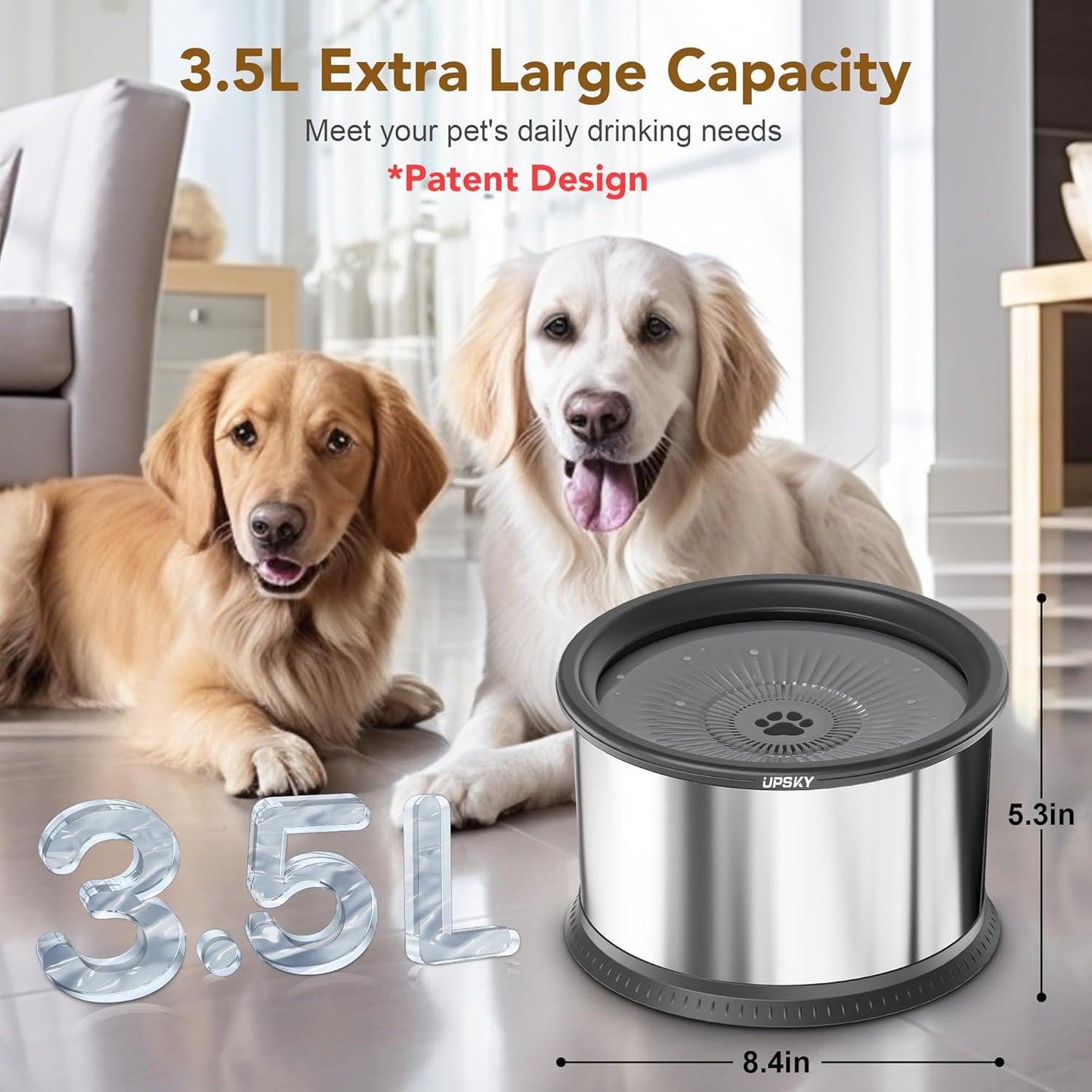 UPSKY 2.5L Dog Water Bowl, No Spill Dog Water Bowl, Stainless Steel Spill Proof Slow Water Feeder,No Splash Water Bowl with Anti-Slip Mat for Messy Drinkers Grey, D.2.5L