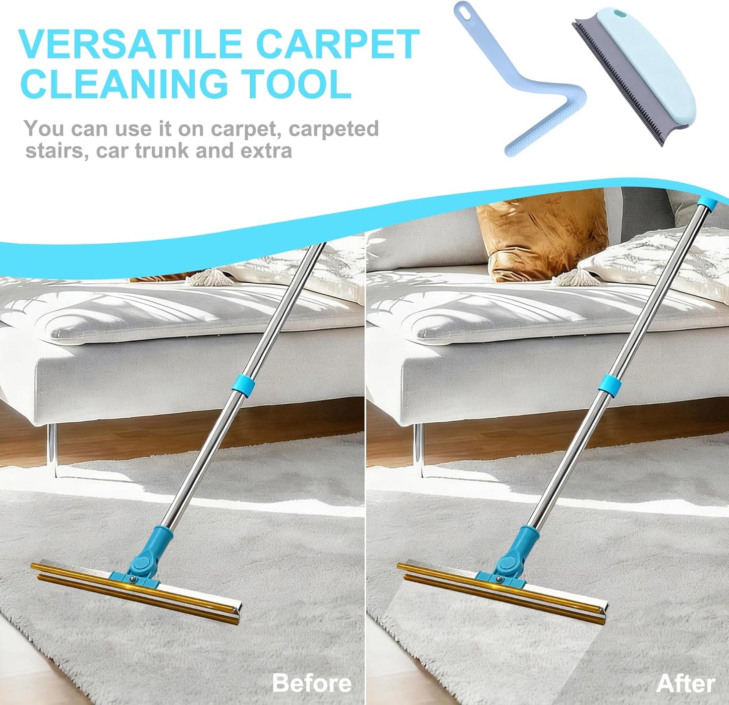 Carpet Rake for Pet Hair Removal Tool, 54" Long Handle Pet Hair Remover, 4 in 1 Carpet Broom Brush for Matted Rugs, Mats, Couch, Furniture and Car Interiors