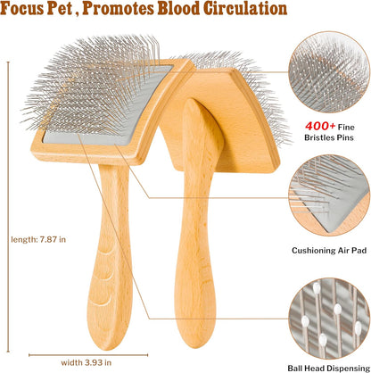 Slicker Brush for Long-Haired Dogs & Cats, Professional Dog Grooming Brush for (Goldendoodles, Poodles, Labradoodles), Large Pets Pin Tips Brushes with Natural Beech Wood Ergonomic Handle