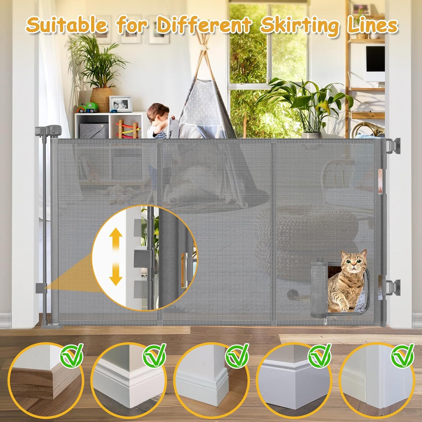 Reinforced 60” Wide Retractable Dog Gate with Cat Door Gates for Pets with Reinforced Strips 33” Tall Mesh Baby Gate Retractable Pet Gates for Dogs Indoor with Door Cats Can in and Out Freely, Gray