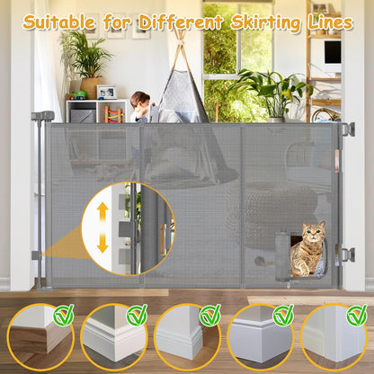 Reinforced 60” Wide Retractable Dog Gate with Cat Door Gates for Pets with Reinforced Strips 33” Tall Mesh Baby Gate Retractable Pet Gates for Dogs Indoor with Door Cats Can in and Out Freely, Gray