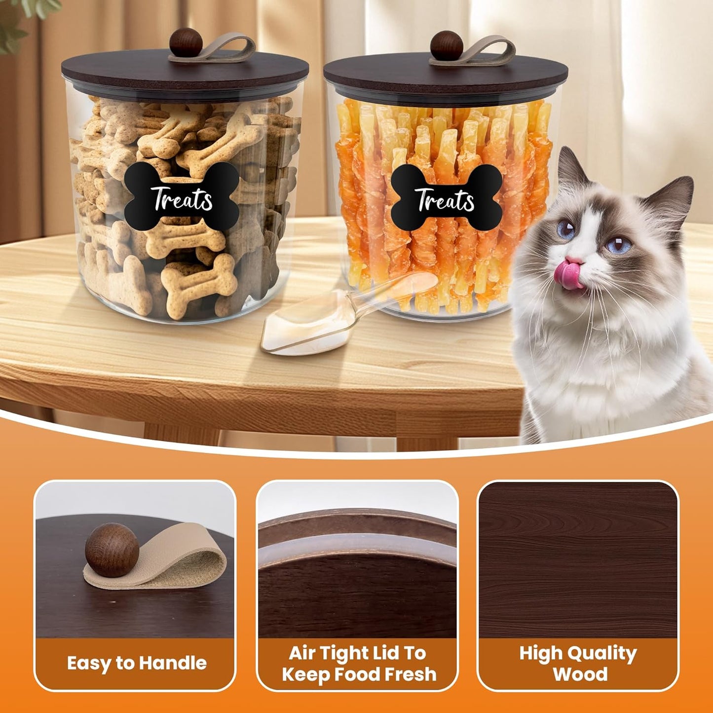 HOYTAMDAR 3 Pack Airtight Dog Food Storage Container, Dog Treat Container Dog Food Container with Wood Lids 8x7''&6x5'',Pet Food Storage Container,Cat Food Containers with Scoops,Clamp,Labels,Pens