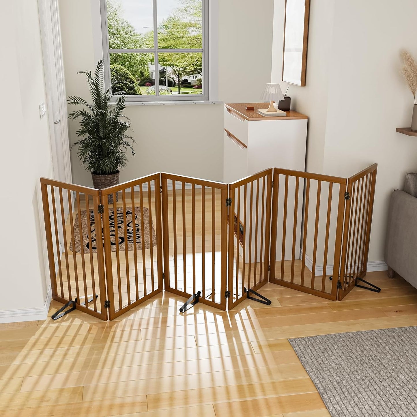 Dog Gate 32" Tall Foldable Dog Gate for Doorways Freestanding Pet Gate for Dogs Indoor (Walnut, 3 Panel)