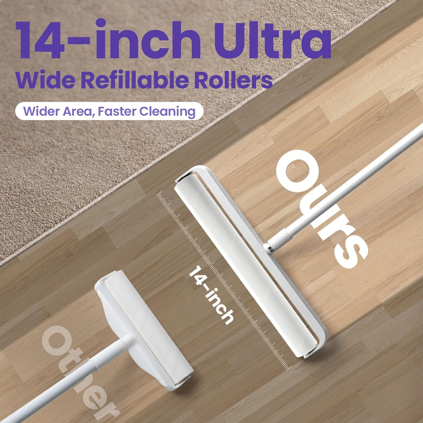 Large Lint Rollers for Carpet: Sticky Rollers for Floor DELOMO 9.45 in with 3 Extendable Handle, Long Handle Sticky Mop for Cleaning Carpets, Cars, Bedding, Couches, and Pet Hair - for Pet Homes