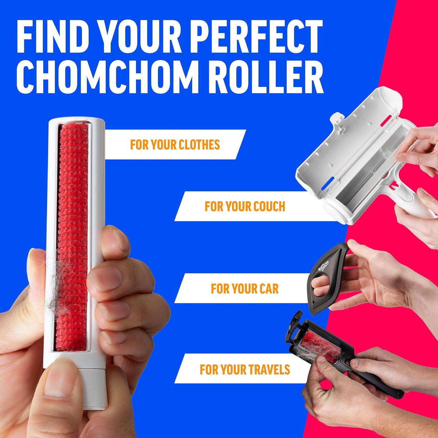 ChomChom Roller & Rake – Reusable Pet Hair Removal Roller with Rake Attachment for Cat & Dog Fur on Furniture, Couch, Carpet, Car, Rugs, Bedding & More– Portable, Eco-Friendly
