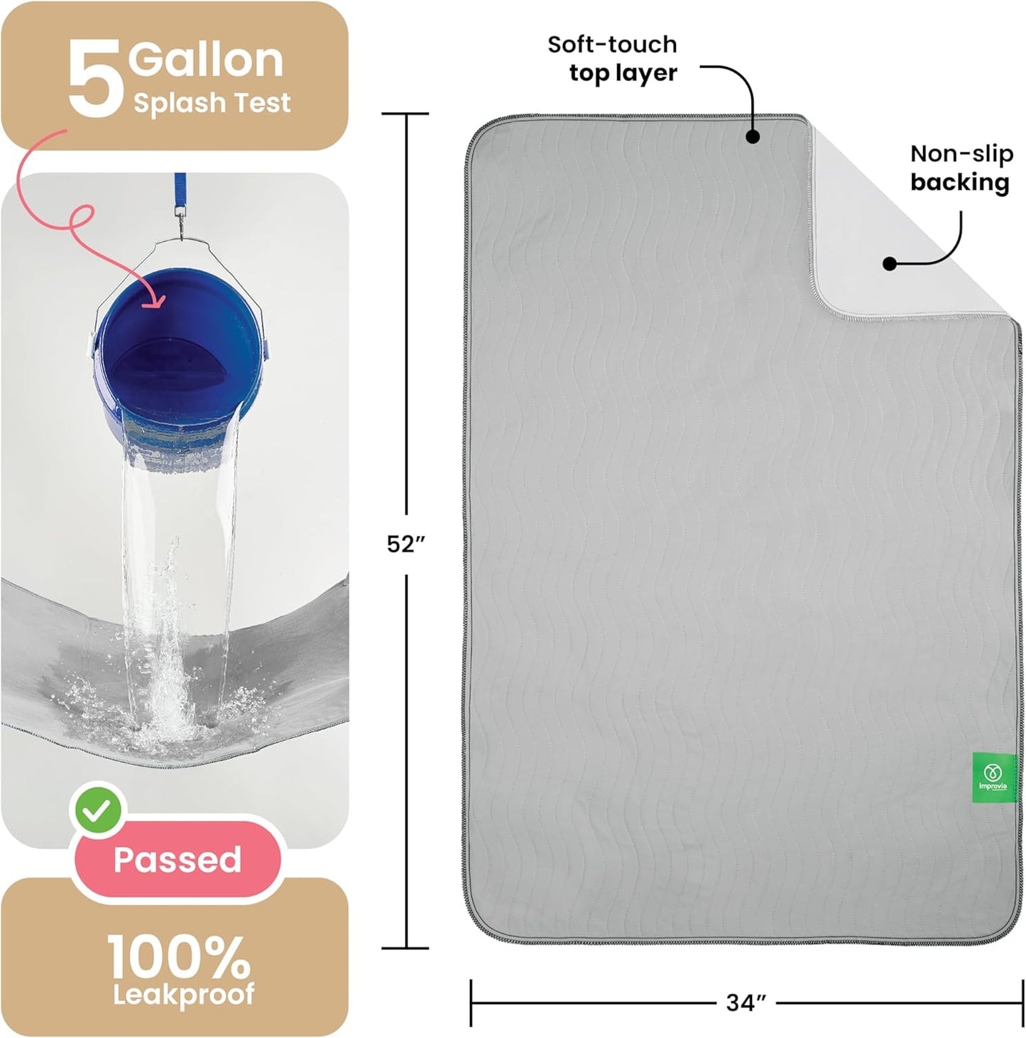 IMPROVIA® Washable Underpads, 34" x 36" (Pack of 4) - Heavy Absorbency Reusable Bedwetting Incontinence Pads for Kids, Adults, Elderly, and Pets - Waterproof Protective Pad for Bed, Couch, Sofa, Floor