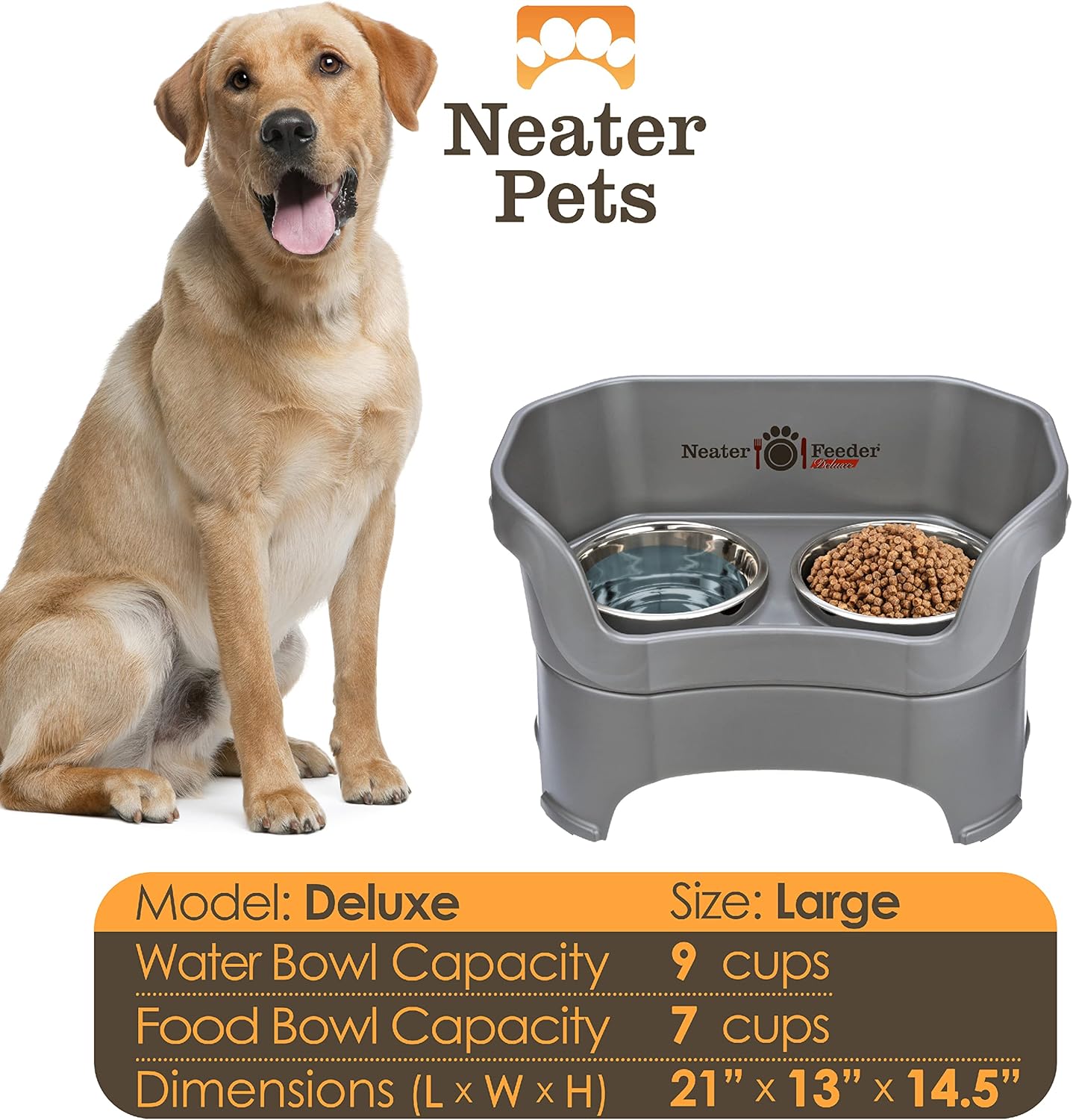 Neater Pet Brands Neater Feeder Deluxe Mess Proof Dog Bowls Elevated for Large Dogs Over 40 lbs, Made in USA, No Spill Raised Dog Food Bowl Stand Feeding Station, Food and Water Bowl Set, Black