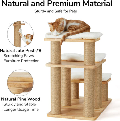 FUKUMARU 3-in-1 Pet Stairs, Retro-style Dog Steps for Cats and Small Dogs, Wooden Cat Stairs for High Bed with Scratching Post, Dog Ramp for Couch with Cat Condo Cave, Easy to Clean & Aesthetic Design