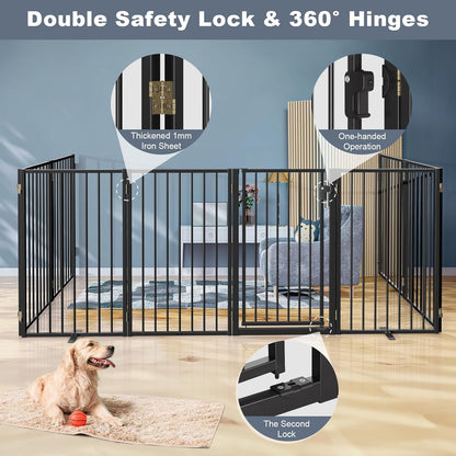 Metal Freestanding Dog Gates with Door for Outdoor Indoor,80'' Extra Wide 32'' Tall Free Standing Dog Gate for Doorways,Large Openings,Deck,Yard,Foldable Safety Pet Fence(Black,4 Panels)