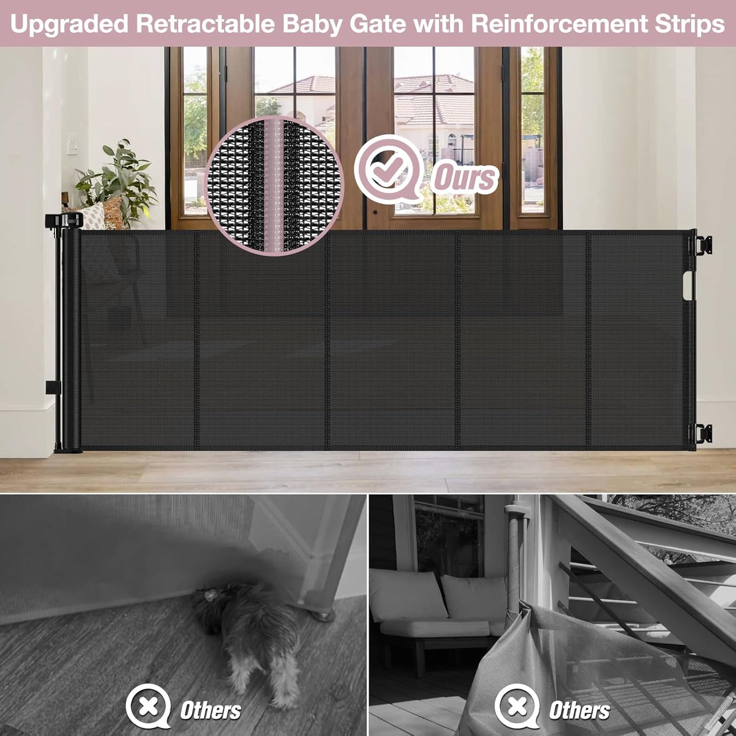 Reinforced 56" Wide Retractable Baby Gates for Doorways with Support Rods - Prevent Crawling Under Retractable Gate, Mesh Pet Gate for Stairs Retractable Dog Gates for The House Indoor/Outdoor, Black