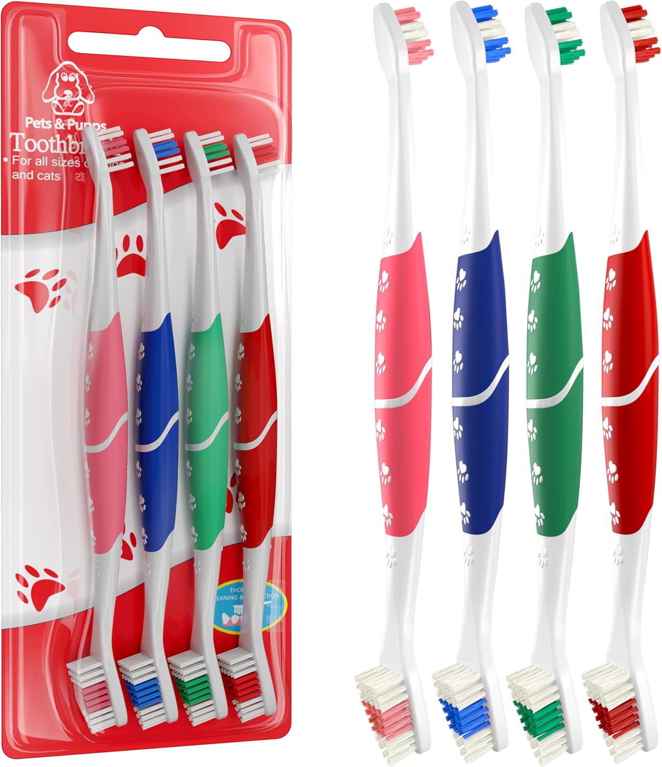 Pet Toothbrush for Dogs, Cats with Soft Bristles - Easy Teeth Cleaning & Dental Care, Non Slip Dual Head Dog Toothbrush for Medium & Large Pets, Toothpaste Not Included (Pack of 1(Red))