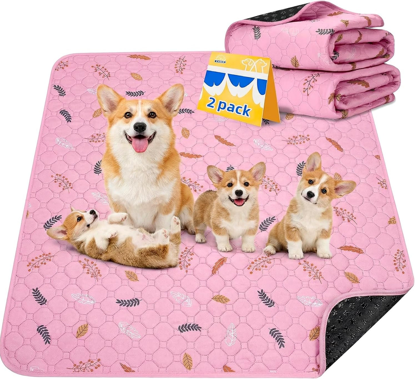 Sunheir Washable Pee Pads for Dogs Large 48" x 48" 2-Pack Reusable Puppy Pads Pet Training Pads, Absorb Dog Mats, Whelping Pad, Non-Slip Protects Against Urine Leakage (Leaves - Deep Grey, 48x48)