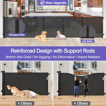 Reinforced 42" Tall Retractable Dog Gate, 155" Extra Long Retractable Baby Gate with Support Rods - Prevent Crawling Under, Indoor/Outdoor Retractable Gate Extra Tall Baby Gate Retractable Fence/Black