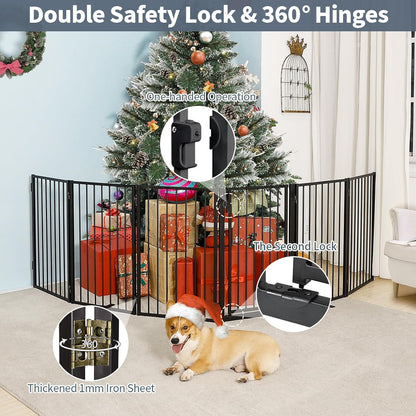Metal Freestanding Dog Gates with Door for Outdoor Indoor,80'' Extra Wide 32'' Tall Free Standing Dog Gate for Doorways,Large Openings,Deck,Yard,Foldable Safety Pet Fence(Black,4 Panels)