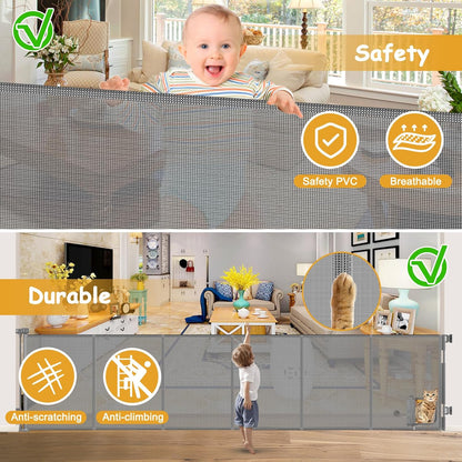 Reinforced 150 Inch Extra Wide Dog Gate with Cat Door 12.5 Ft Extra Long Baby Gates for Large Openings 37” Tall Retractable Pet Gates for Wide Openings Large Pet Gate with Cat Door, Gray