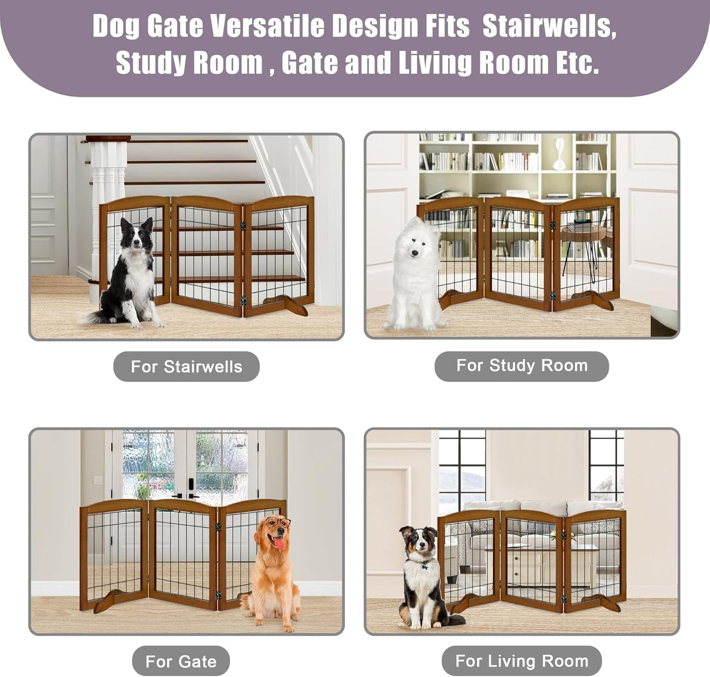 LZRS 2-Panel Freestanding Foldable Wood Dog Gate – Solid Wood & Steel Wire, Chew-Resistant Pet Barrier for Indoor Use, Ideal for Small to Medium Dogs, White