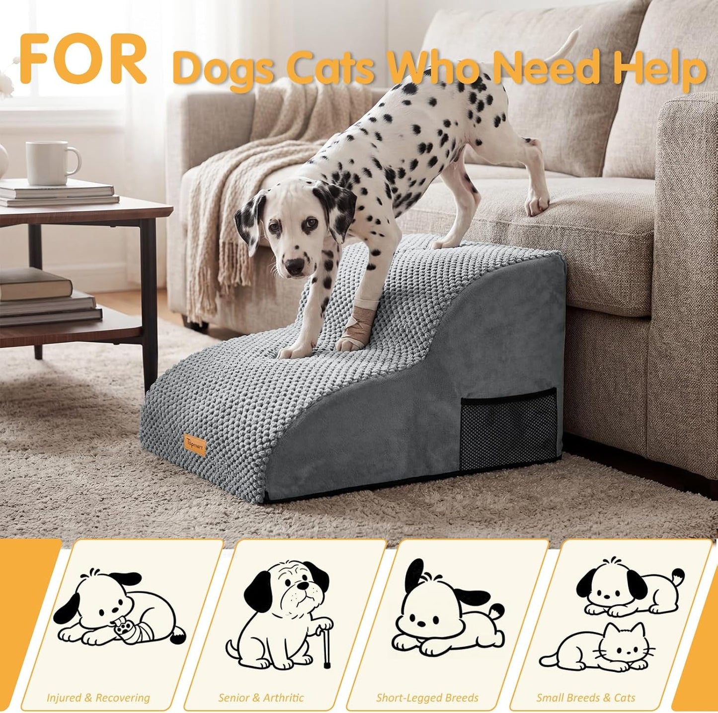 Topmart High Density Extended Foam Dog Ramp&Steps 2 Tiers,11.8" High,Non-Slip Dog Stairs,Soft Foam Pet Ladder with Removable Cover,Best for Injured,Older Cats,Pets with Joint Pain