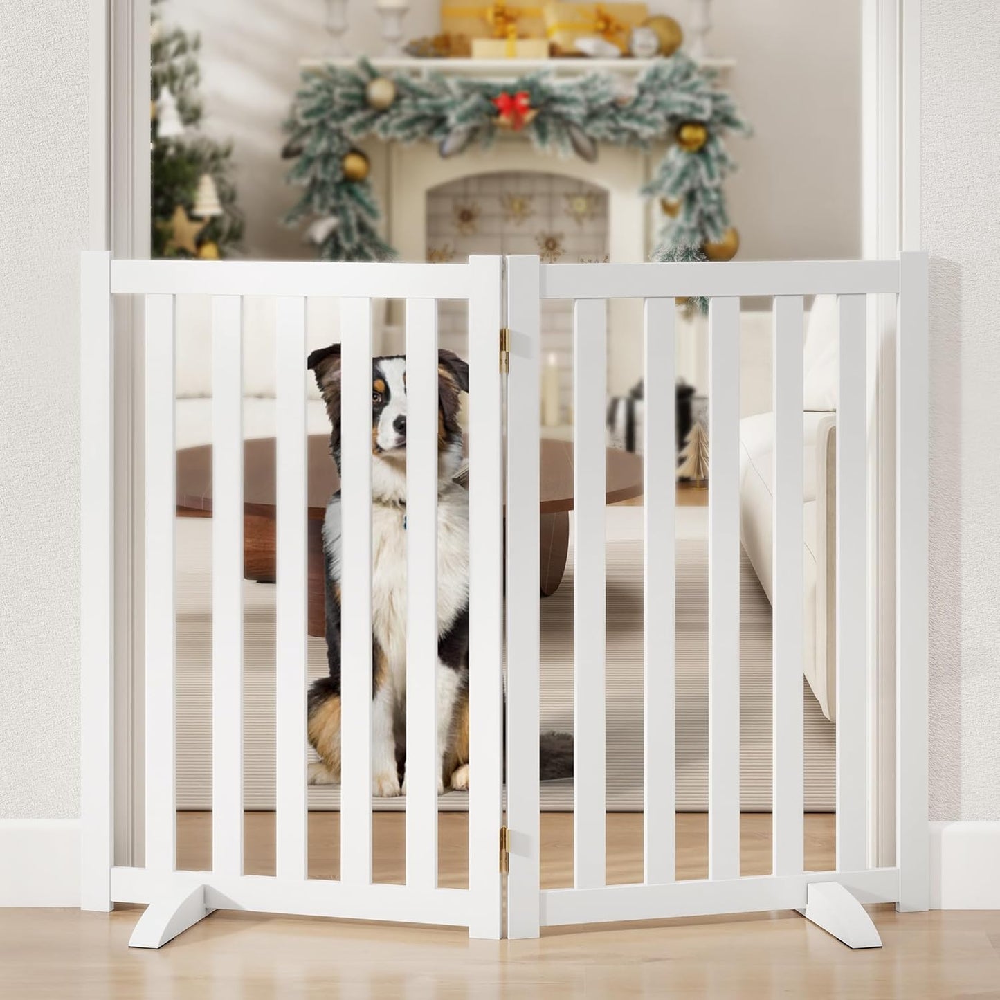 36" Height Extra Tall Freestanding Pet Gate, Solid Wood Folding Safety Fence Wooden Dog Gate with 2 PCs Support Feet Ideal for Stairs, Doorways, Halls, Kitchens, Heavy Duty Gates, 3 Panels, Oak