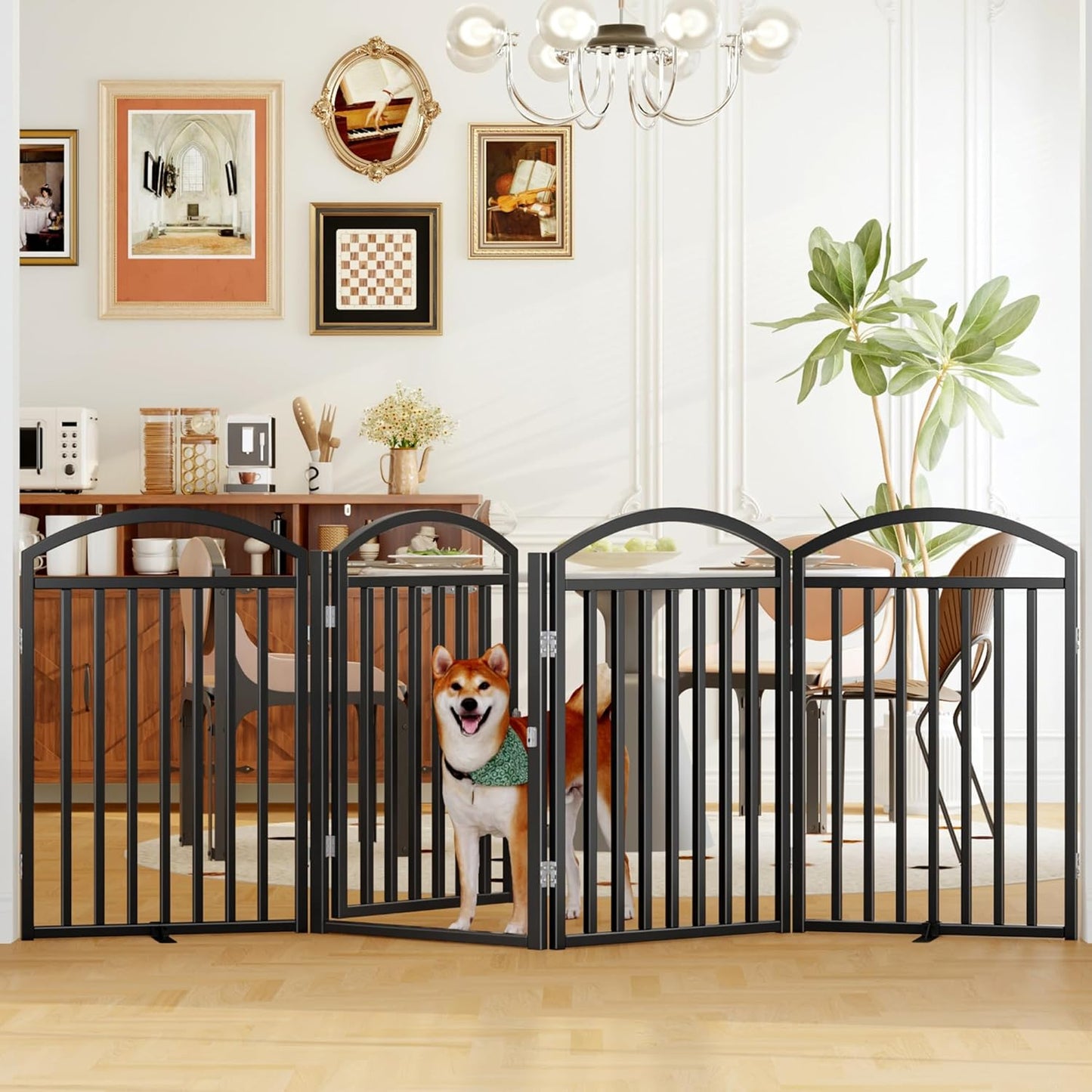 Folding No-Assembly Freestanding Dog Gate with Door,32" Heights Foldable Pet Fence,144" Extra Wide Accordion Puppy Folding Playpen for Doorways,House,Stairs (6 Panels,White)