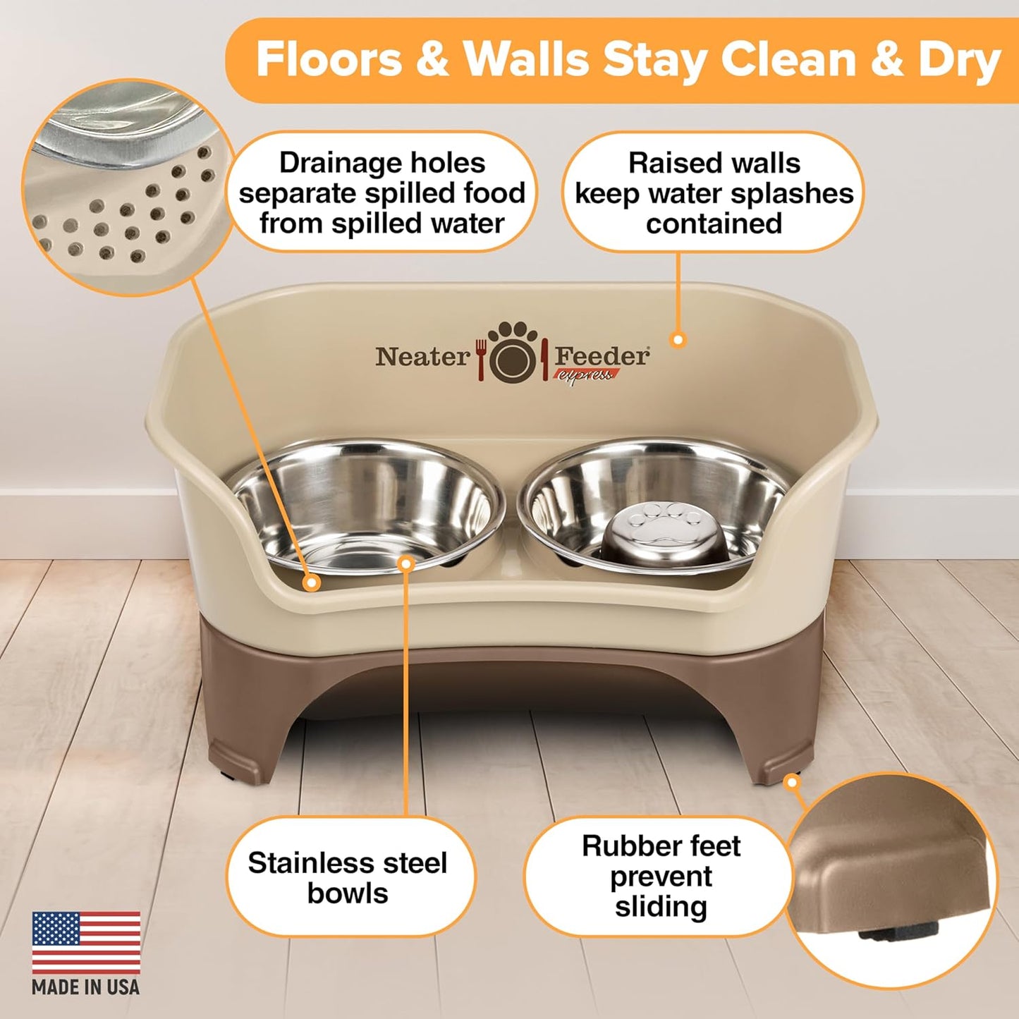 Neater Feeder Express Mess Proof Dog Bowls Elevated for Small Breeds under 15 Lb, Made in USA, No Spill Raised Dog Food Bowl Stand, Stainless Steel Food and Water Bowl Set, Feeding Station, Cappuccino