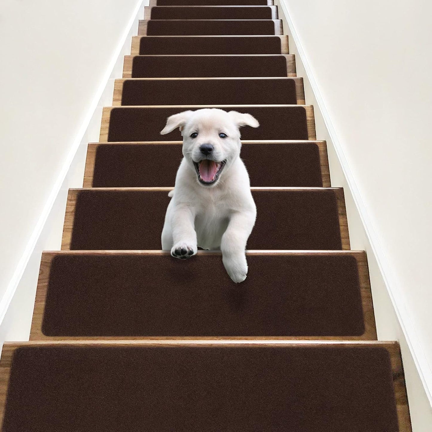 RIOLAND Non-Slip Stair Treads Carpet Indoor 14 Pack Stair Rugs for Wooden Steps Anti Moving Stair Runners Safety for Dogs Elders and Kids, 8” x 30”, Coffee Brown