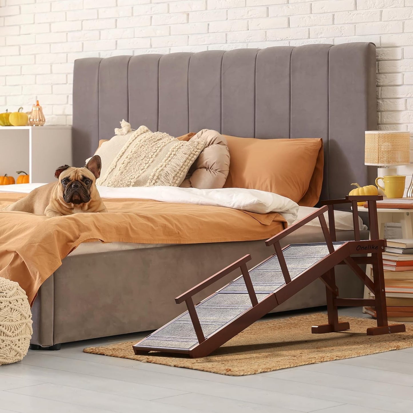 Onelike Wooden Dog Ramp for Bed with Removable Side Rail and Non-Slip Carpet, Stable Pet Ramp Stair for Couch Sofa for Small & Large & Senior Dogs, 74" Long Ramp Brown