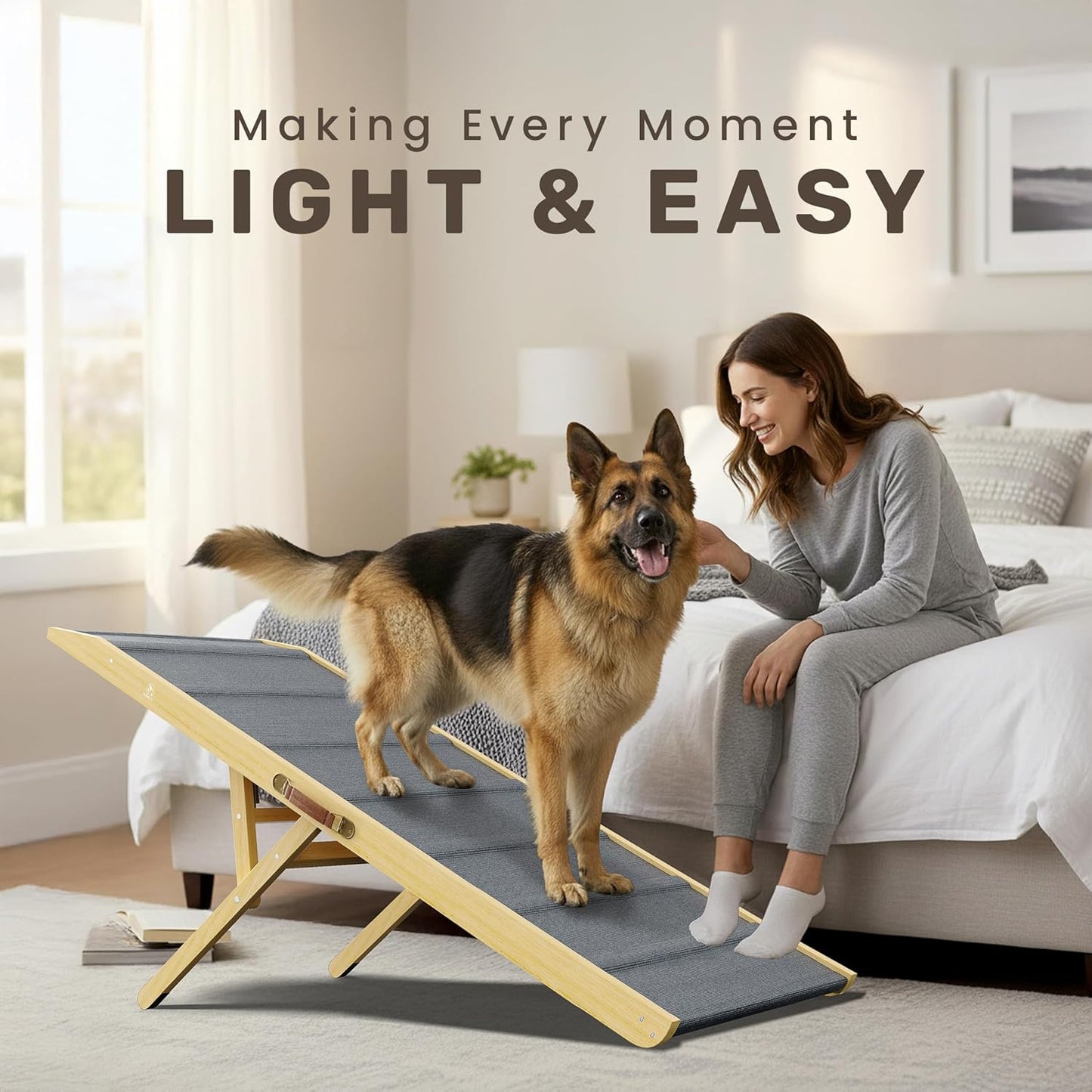 Adjustable Dog Ramp - 50" L x 18.5" W Ramp for Large Dogs to Get on Bed with 6 Incline Levels & Non-Slip Traction Carpet - Also Ideal for Medium & Large Breeds (Natural)