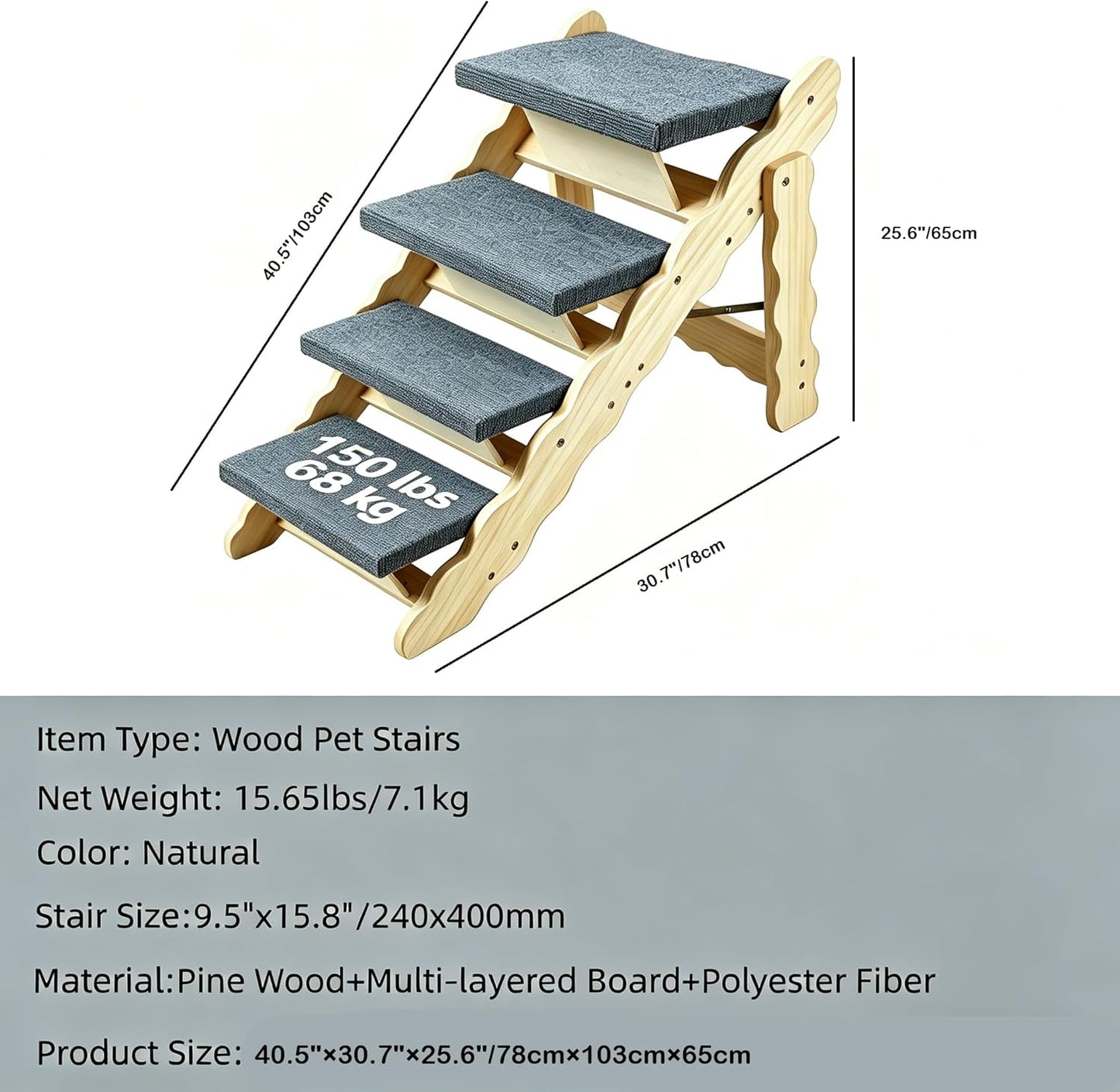 Wooden Dog Stairs, 2-in-1 Floded Flat Design Dog Steps for Beds Cars Couch, Anti-Slip Pet Ramp with 3 Steps, Indoor Pet Stairs for Small Medium Large Pet, up to 150 lbs
