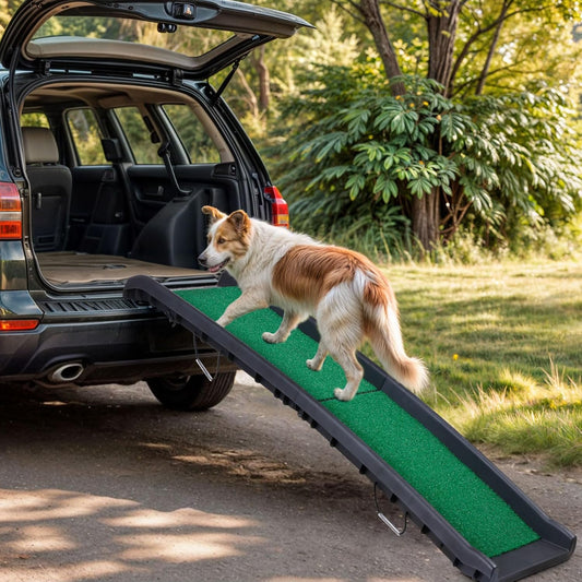 Folding Dog Ramp for Car Truck SUV 61 Inches Portable Pet Ramp with Grass Padded for Large Dogs Non Slip with Raised Siderails
