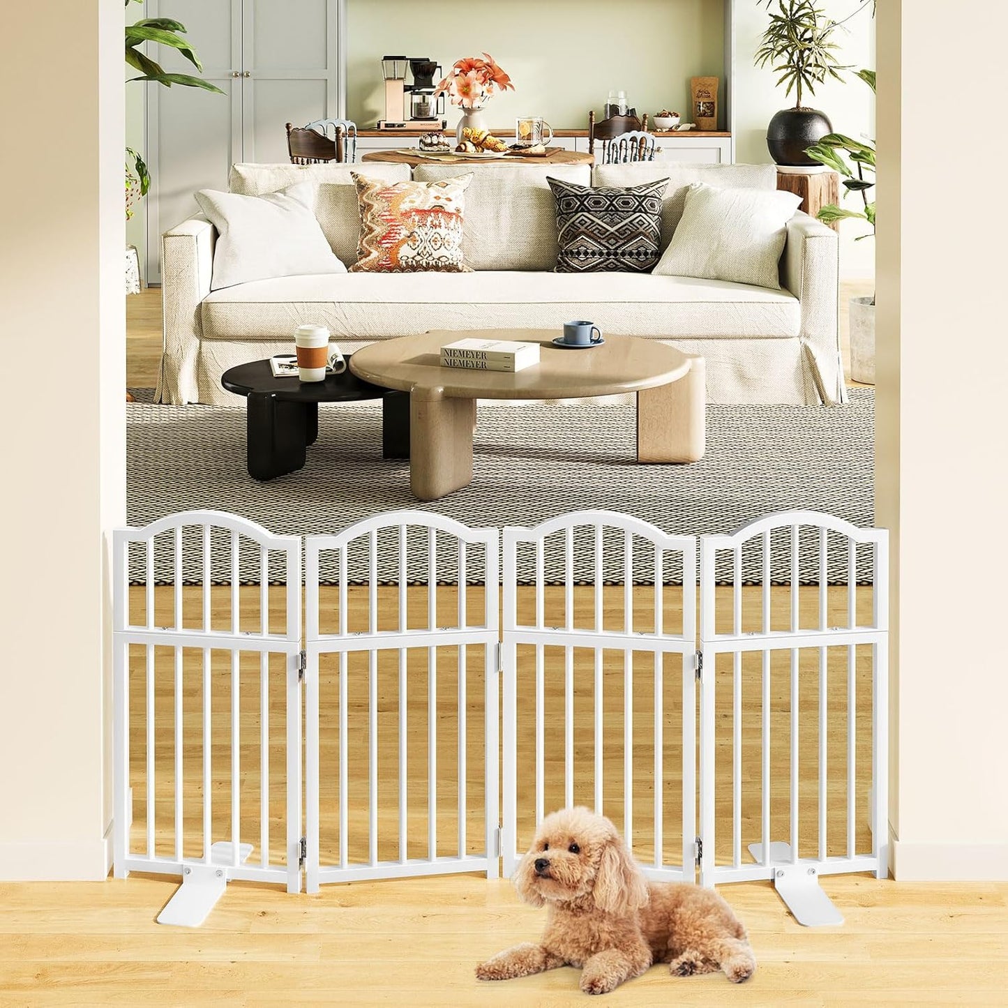 Snughome Short Dog Gate Indoor, 16" High Freestanding Small Dog Door Gates with Support Feet, Expands Up to 48’’ Wide Foldable Pet Gate for Doorway, 4 Panel Folding Pet Door Pet Fence for Puppy, White