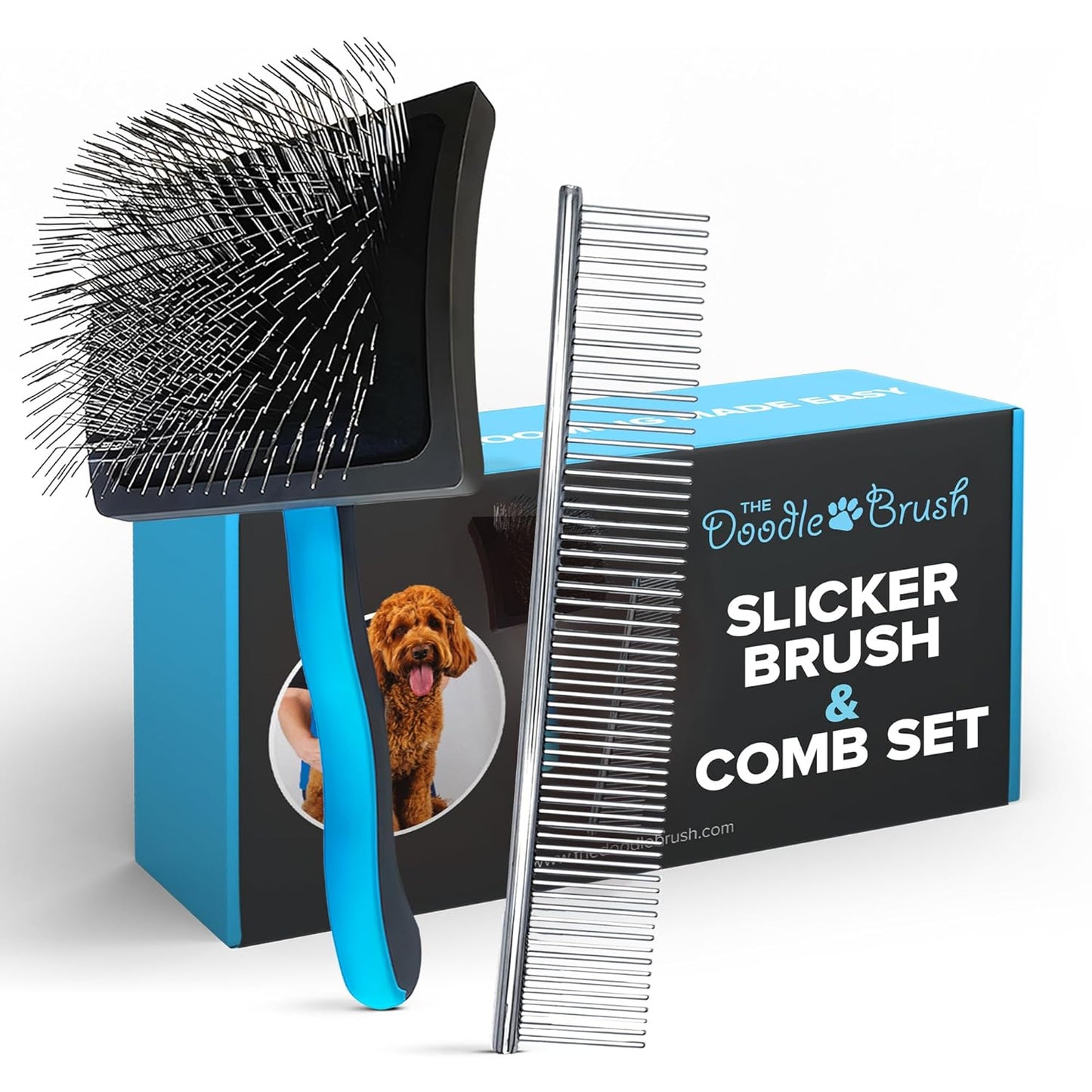 Grooming Kit, Slicker Dog Brush and Finishing Comb Set, Detangler & Dematting Grooming Tools for Dogs, Extra Long Pin Slicker & Metal Comb for Goldendoodle, Cockapoo, Cavapoo, Poodle