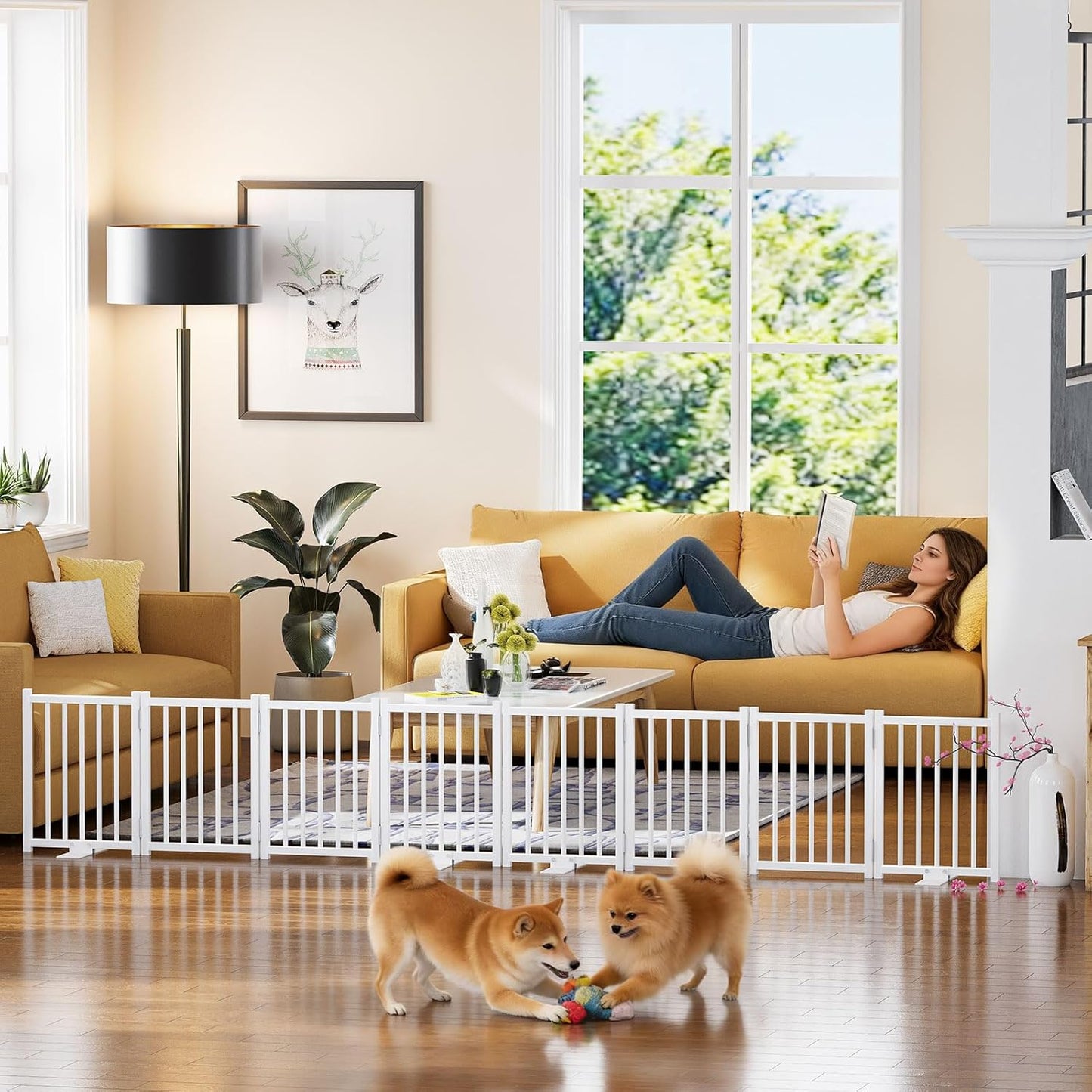 Snughome Short Dog Gate Indoor, 16" High Freestanding Small Dog Door Gates with Support Feet, Expands Up to 48’’ Wide Foldable Pet Gate for Doorway, 4 Panel Folding Pet Door Pet Fence for Puppy, White