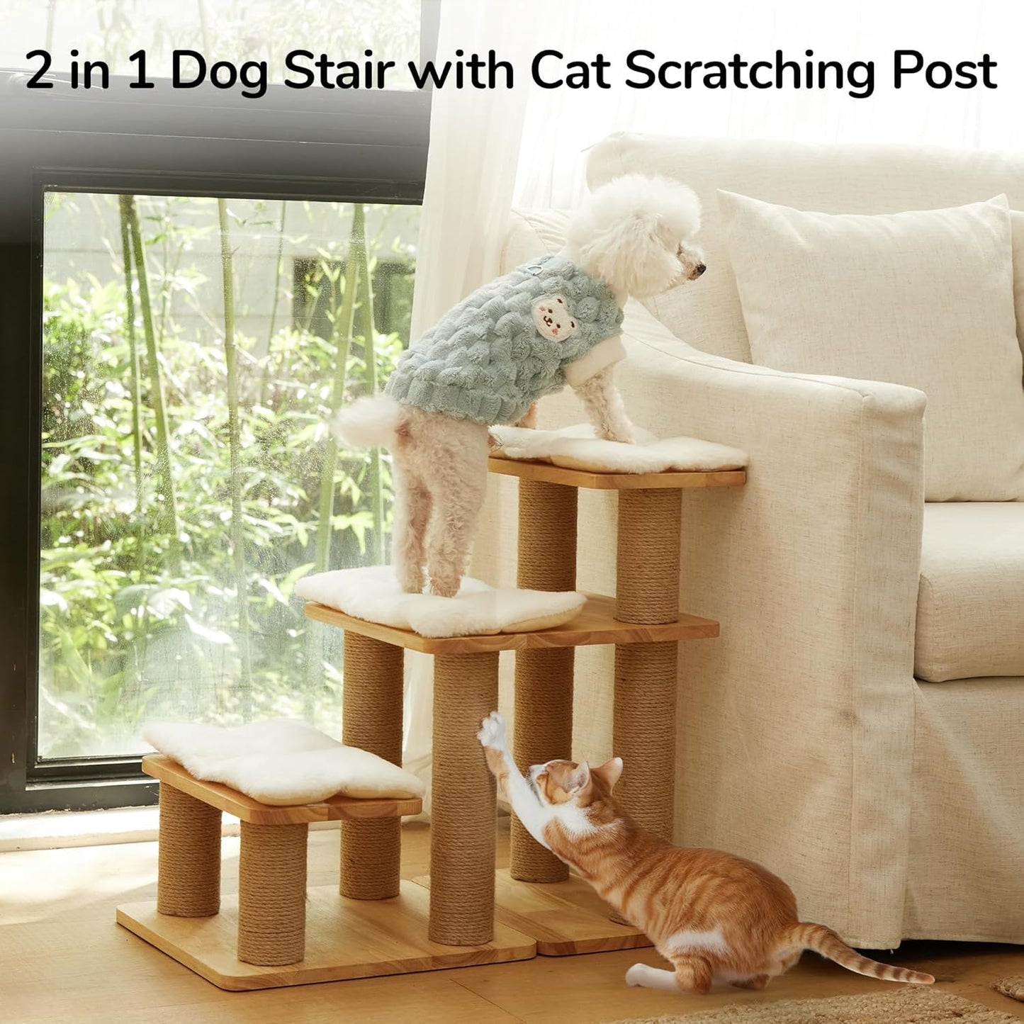 FUKUMARU 3-in-1 Pet Stairs, Retro-style Dog Steps for Cats and Small Dogs, Wooden Cat Stairs for High Bed with Scratching Post, Dog Ramp for Couch with Cat Condo Cave, Easy to Clean & Aesthetic Design