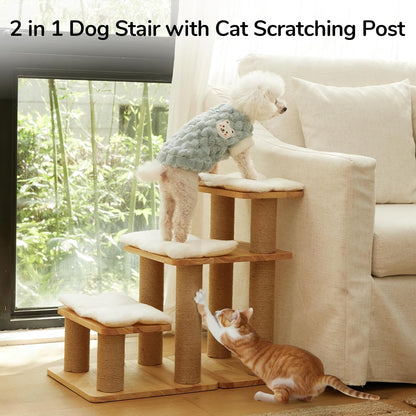 FUKUMARU 3-in-1 Pet Stairs, Retro-style Dog Steps for Cats and Small Dogs, Wooden Cat Stairs for High Bed with Scratching Post, Dog Ramp for Couch with Cat Condo Cave, Easy to Clean & Aesthetic Design