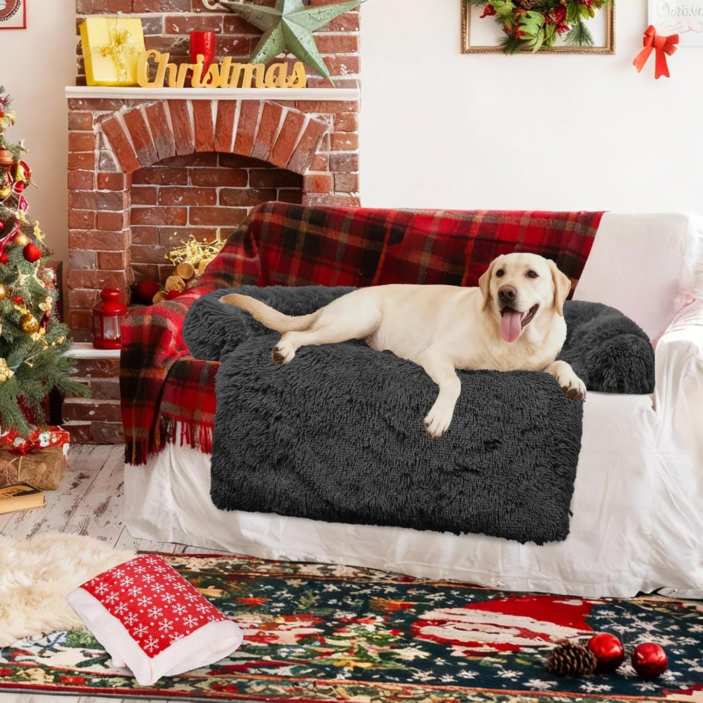 Calming Dog Bed Fluffy Plush Dog Mat for Furniture Protector with Removable Washable Cover for Large Medium Small Dogs and Cats (Large, Light Grey)
