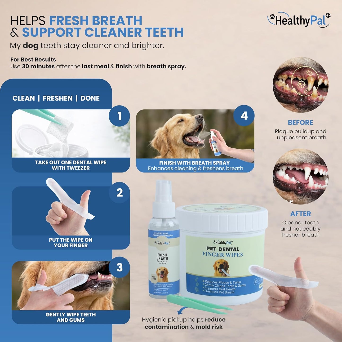 Pet Dental Finger Wipes for Dogs & Cats – 50 Mint Flavor Dog Dental Wipes + Mint Fresh Breath Spray, Dog Tooth Brushing Kit, Helps Remove Bad Breath & Plaque & Tartar Buildup