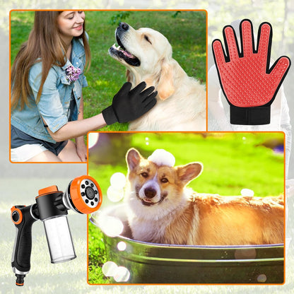 Upgrade Dog Washing Hose Attachment, 8 Spray Patterns Dog Wash with 3.5oz 100cc Soap Dispenser, Dog Washing Gloves, Dog Bath Brush, Suitable for Watering Plant, Patio, Cleaning, Showering Pet