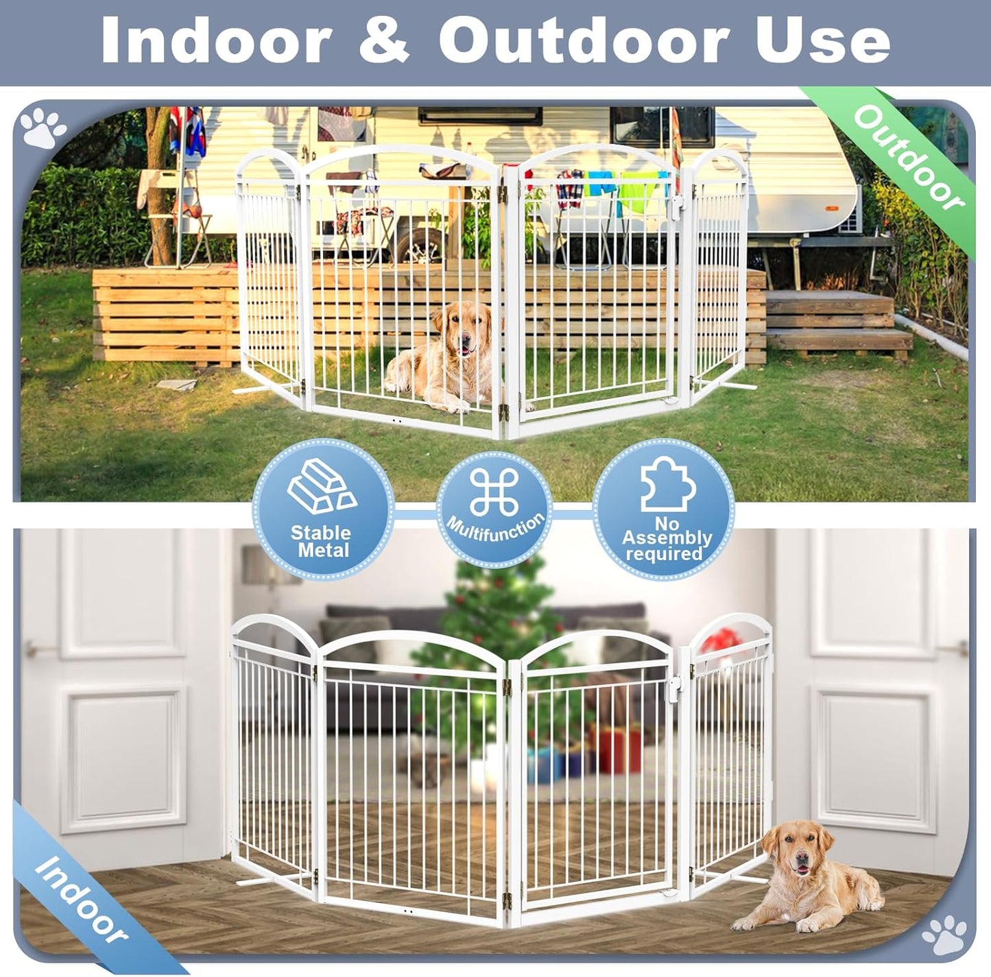 Full Metal Free Standing Dog Gate with Door for Indoor & Outdoor,96'' Extra Wide 32'' Tall Dog Gate for The Doorways,Large Openings,Decks,Porch,Pet Freestanding Safety Fence(4 Panels,Black)