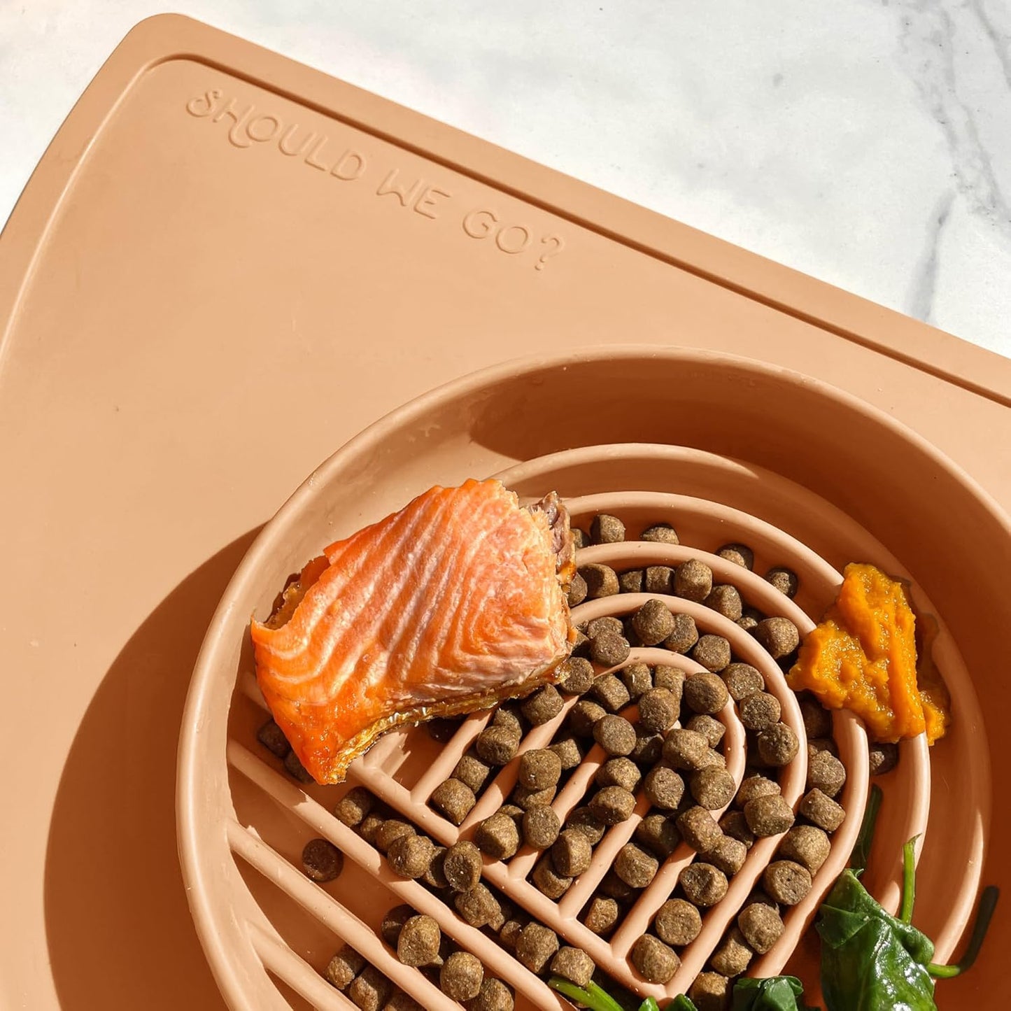 Should We Go? Slow Feeder for Dogs & Puppies, The Slowdown Bowl Silicone Slow Eating, Modern Lick Mat Design, Reduces Gulping, Fits 2 Cups, 7.5” Across x 1.5” Tall, Mealtime Challenge, Medium-Blush