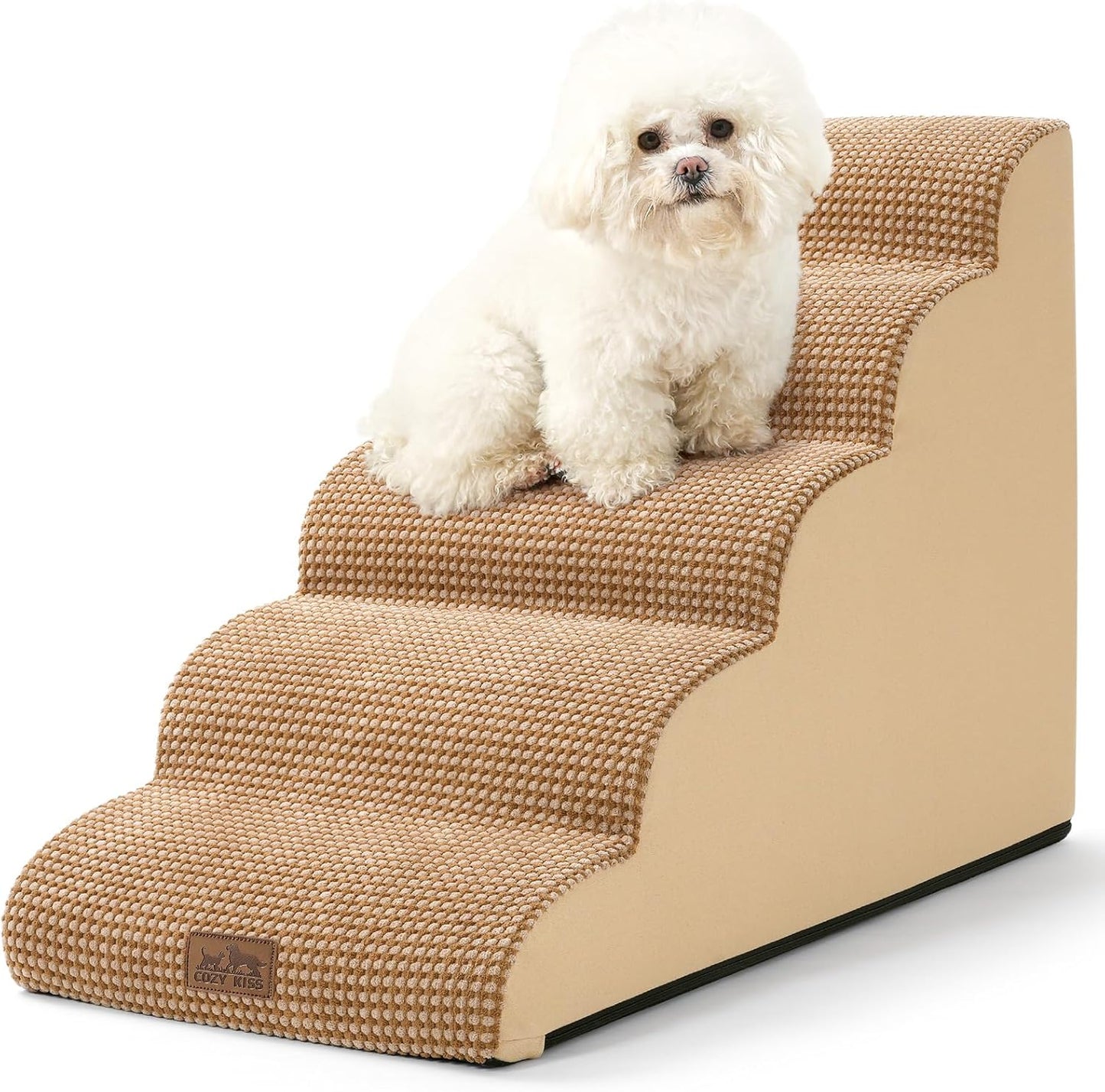 COZY KISS Dog Stairs for Small Dogs 15.7" H, Curved Dog Step for Puppy, Older Cat, Medium Pet Ramp for Sofa, Couch or Chair, Ladder with High Density Foam, 3 Step, 15.7x22.4x15.7 inch, Beige
