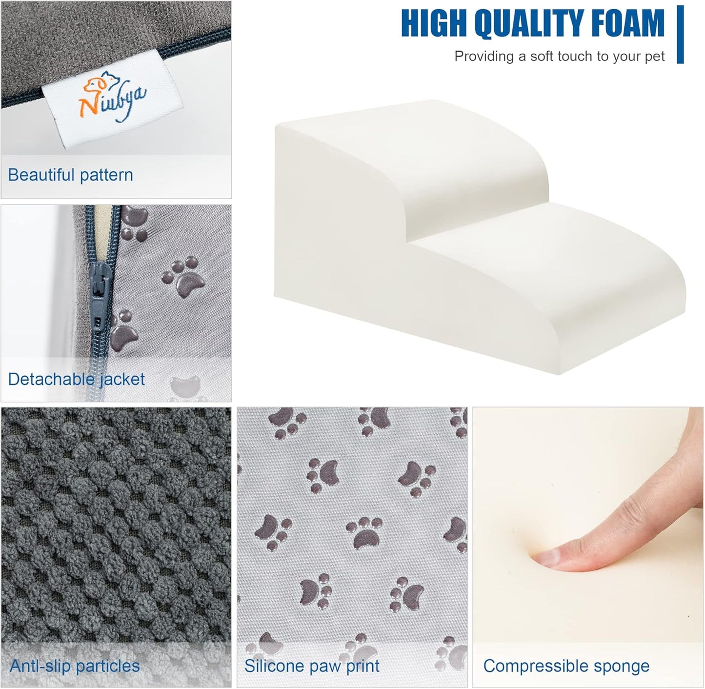 Dog Stairs for Small Dogs - High Density Foam Dog Ramp, Extra Wide Pet Steps with Non-Slip Bottom for High Beds, Couche and Sofa, Best for Pet Injured, Older Dogs Cats (Grey, 4 Steps)